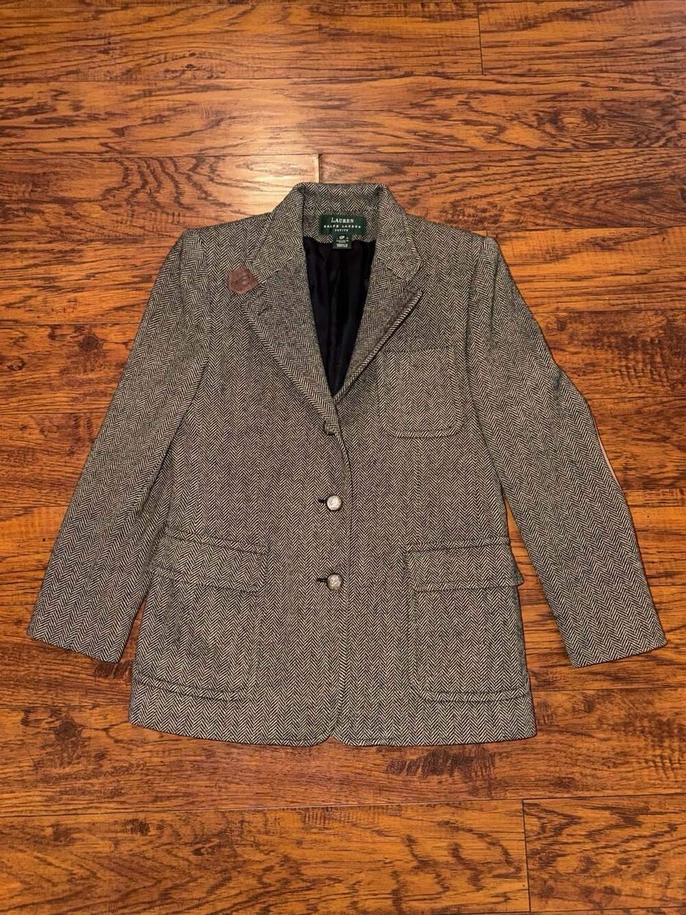Lauren Ralph Lauren Tweed Blazer Size 10P Herringbone Elbow Patches